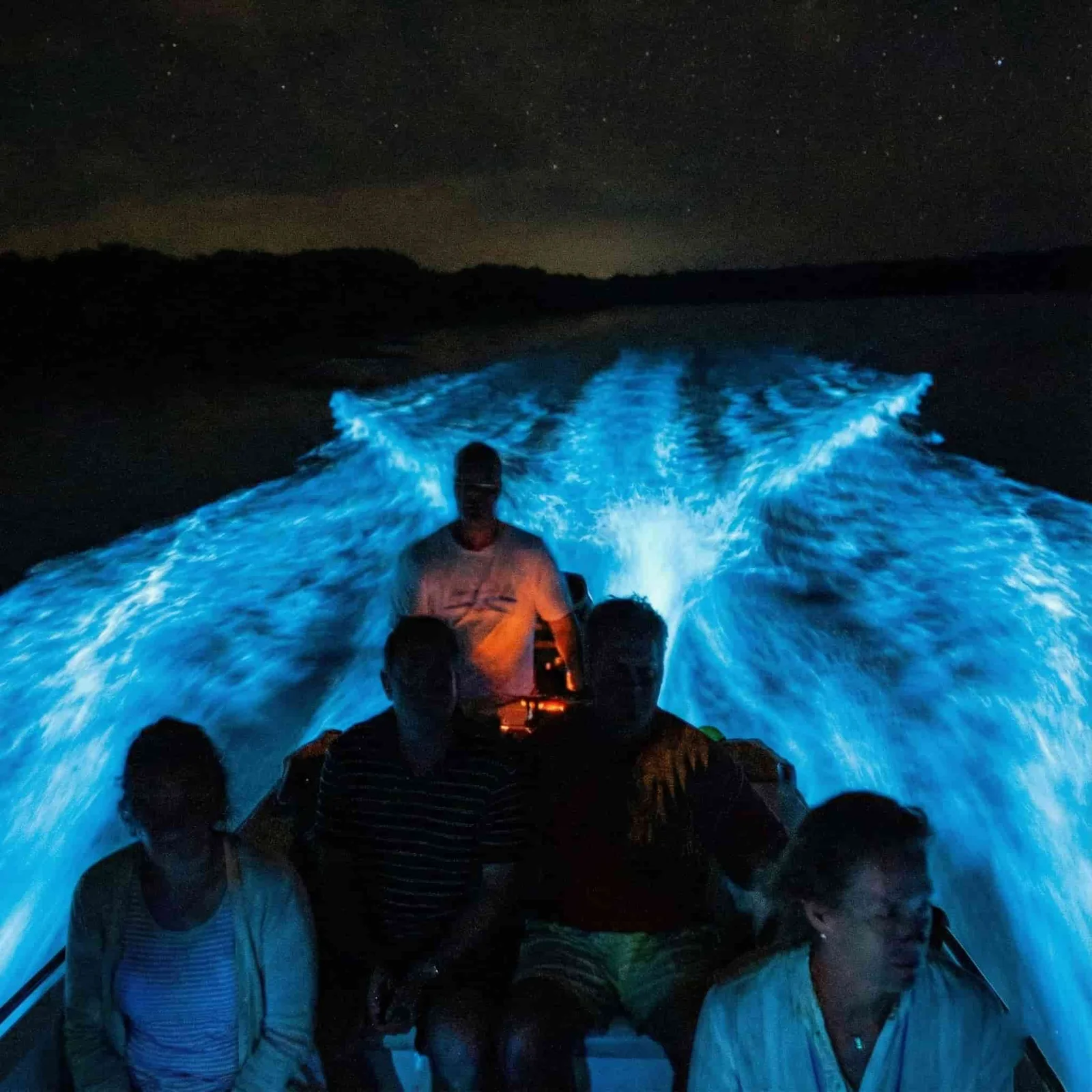 La estela de la lancha brillando azul por la bioluminiscencia real de Manialtepec