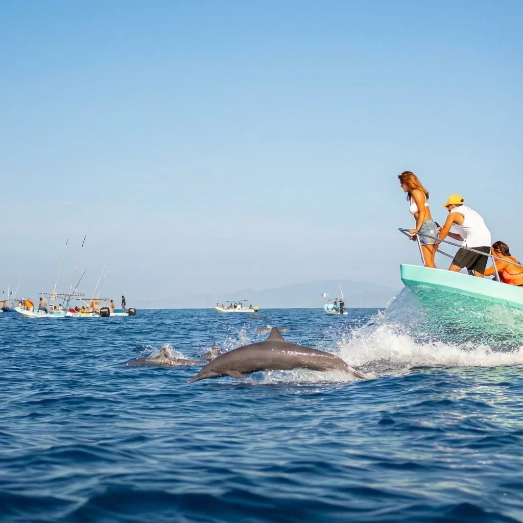 Delfines saltando junto a la proa de una lancha con viajeros en el Pacífico
